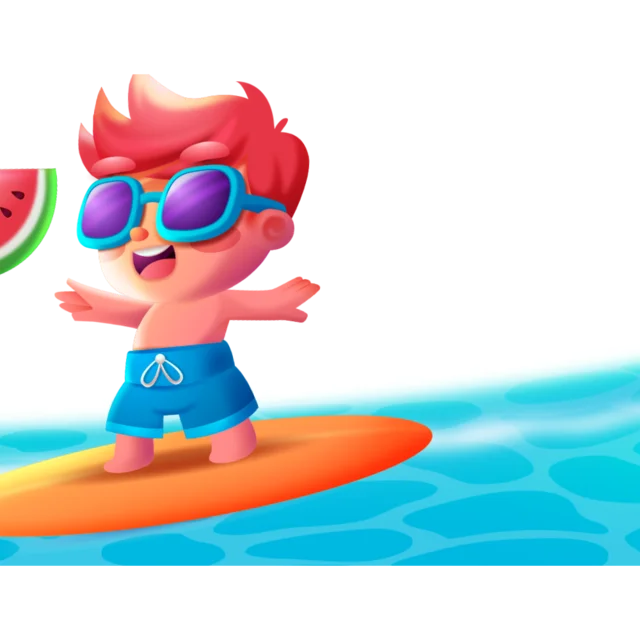 A cartoon surfer with a watermelon